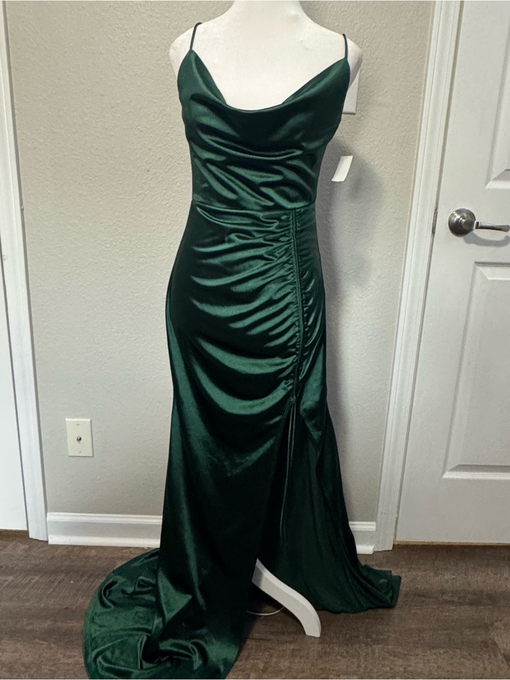 Windsor Emerald Green Satin Cowl Neck Prom Gown